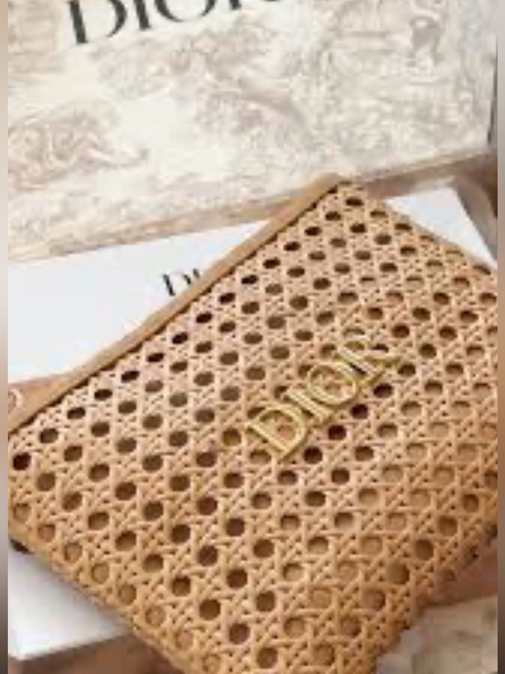 Dior tan Beige Woven Clutch wristlet with Gold Logo New without tags